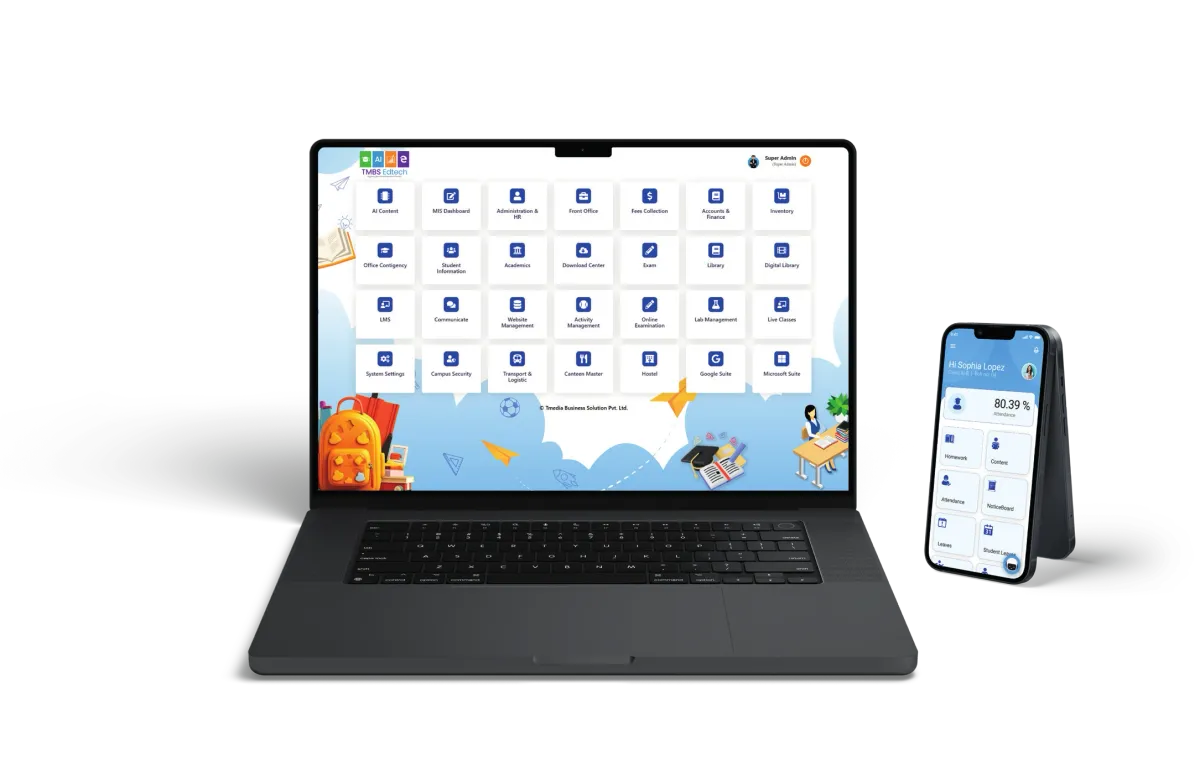 TMBS EdTech dashboard on laptop and mobile phone